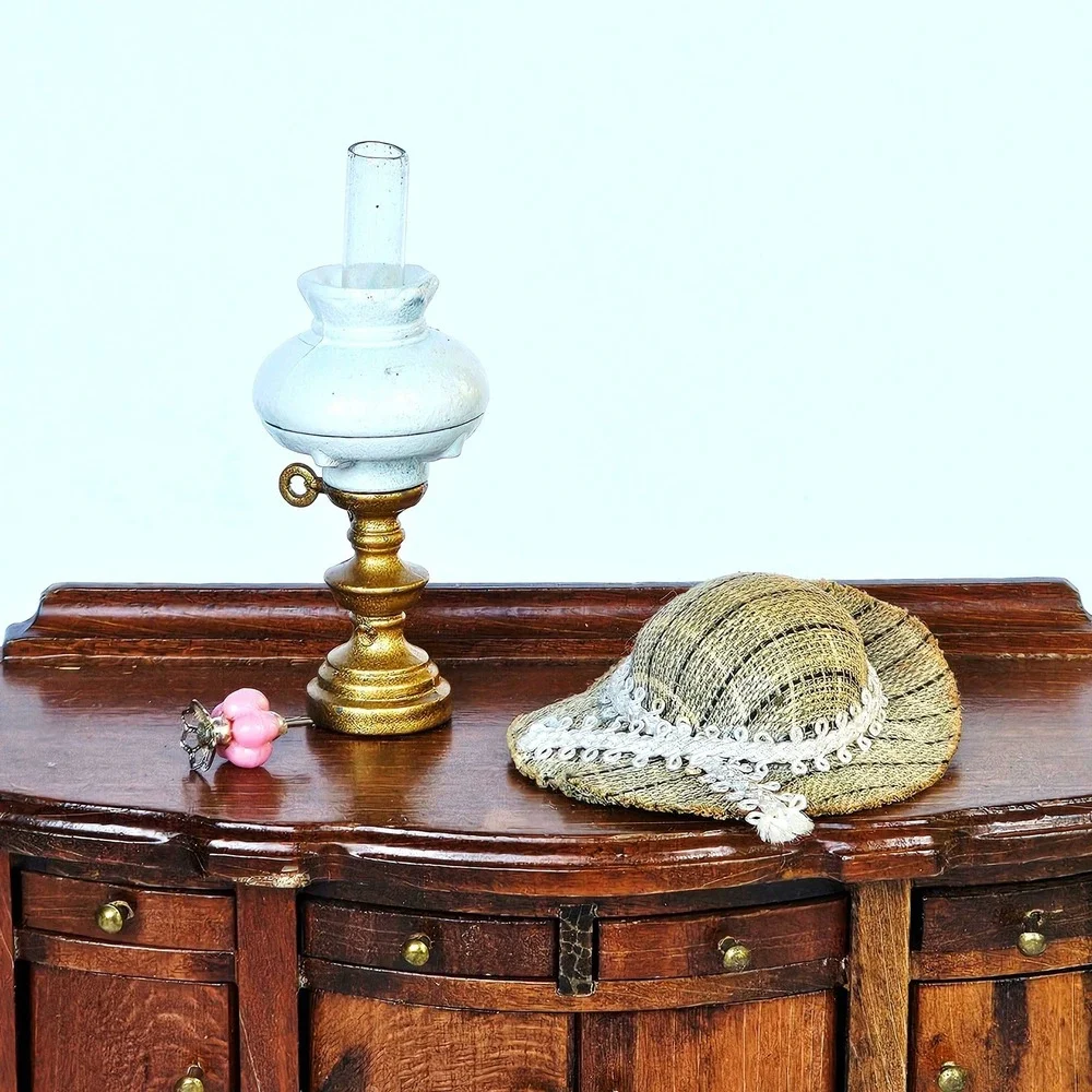 Vtg Dollhouse Brass Victorian Mini Oil Lamp Hurricane Gold White Shabby Chic